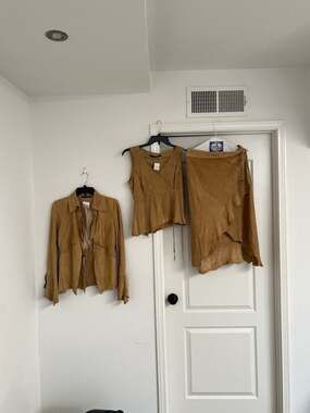 Vintage Atos Lombardini 3-Piece Tan Suede Set Jacket Top Skirt